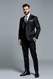 Noir Double Boutonnage 3 Pièces Revers Cranté Costumes Homme