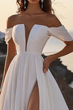 Une ligne lvory Robe de mariée longue à épaules dénudées avec fente