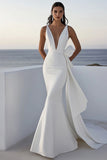 Robe de mariée sirène à col en V ivoire avec noeud
