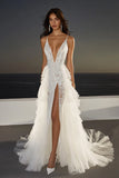 Robe de mariée à volants en dentelle de tulle à volants avec fente