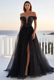 Dentelle de tulle noir à épaules dénudées Robe de mariée trapèze avec fente