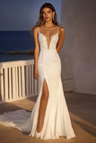 dentelle spaghetti bretelles sirène tulle robe de mariée avec fente