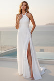 Robe de mariée froncée en satin extensible Halter A Line avec fente