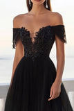 Robe de mariée en tulle noir à épaules dénudées en dentelle