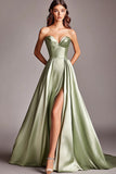 Dusty Sage Robe de bal longue en satin sans bretelles avec fente