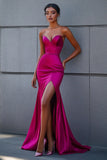 Robe de bal longue sirène bustier fuchsia avec fente