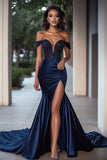 Robe longue de bal à sequins à paillettes bleu marine scintillante avec fente
