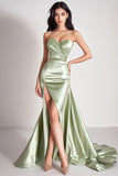 Dusty Sage Sirène Robe de Bal Longue Sans Bretelles Avec Fente