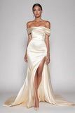 Champagne Épaule Dénudée Satin Robe de Bal Sirène Longue avec Fente