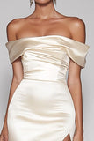 Champagne Épaule Dénudée Satin Robe de Bal Sirène Longue avec Fente