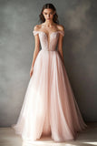 Robe de bal longue en tulle rose à épaules dénudées avec dentelle