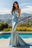 Robe longue de bal sirène à bretelles spaghetti bleu ciel