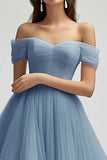 Épaule dénudée Gris Bleu Robe de bal longue en tulle ligne
