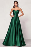 Robe longue de bal en satin vert foncé