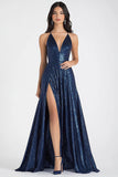 Robe longue de bal à bretelles spaghetti a-ligne marine scintillante à paillettes avec fente
