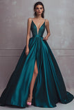 Vert foncé scintillant A-ligne spaghetti bretelles satin perles longue robe de bal avec fente
