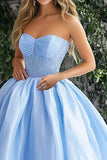 Glitter Sky Blue A-ligne Robe de bal sans bretelles en organza avec dentelle