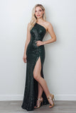 Robe de bal longue à paillettes à paillettes à une épaule sirène noire avec fente