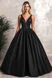 Robe de bal longue en satin noir trapèze scintillante à col en V avec paillettes