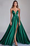 Vert foncé A-ligne spaghetti bretelles satin longue robe de bal avec fente