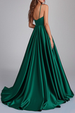 Vert foncé A-ligne spaghetti bretelles satin longue robe de bal avec fente