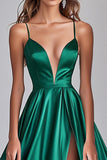 Vert foncé A-ligne spaghetti bretelles satin longue robe de bal avec fente