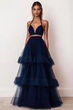 Robe longue de bal en tulle à bretelles spaghetti trapèze à volants bleu marine