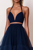 Robe longue de bal en tulle à bretelles spaghetti trapèze à volants bleu marine