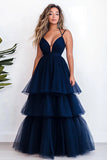 Robe de bal bleu marine Double bretelles spaghetti volants Tulle Robe longue de bal