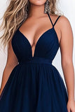 Robe de bal bleu marine Double bretelles spaghetti volants Tulle Robe longue de bal