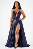 Robe de bal longue à bretelles spaghetti à paillettes bleu marine avec fente