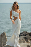 Robe de plage longue froncée à une épaule fourreau blanc