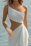 Robe de plage longue froncée à une épaule fourreau blanc