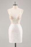 Mini robe moulante blanche à col en V avec paillettes