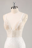 Mini robe moulante blanche à col en V avec paillettes