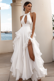 Robe longue formelle blanche à volants dos nu avec fente haute