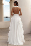 Robe longue formelle blanche à volants dos nu avec fente haute