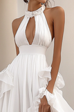 Robe longue formelle blanche à volants dos nu avec fente haute