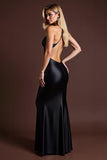 Robe longue formelle longue à bretelles spaghetti noires avec fente