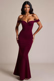 Robe longue formelle sirène bordeaux à épaules dénudées
