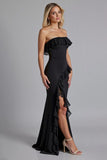 Robe longue formelle noire à volants à épaules dénudées avec fente
