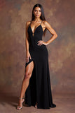 Robe longue formelle en satin à bretelles spaghetti noires avec fente