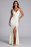Robe formelle en satin froncé mat à col en V ivoire avec fente