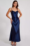 Satin Marine A Ligne Spaghetti Bretelles Robe Formelle