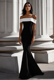 Robe formelle sirène en crêpe blanc noir à épaules dénudées