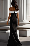 Robe formelle sirène en crêpe blanc noir à épaules dénudées