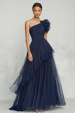 Tulle bleu marine Une ligne Une épaule froncé Robe formelle