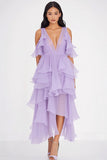 Robe formelle à volants en mousseline de soie lilas à col en V profond