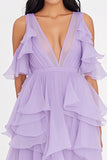 Robe formelle à volants en mousseline de soie lilas à col en V profond