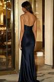 Robe longue formelle sirène à bretelles spaghetti en satin bleu marine